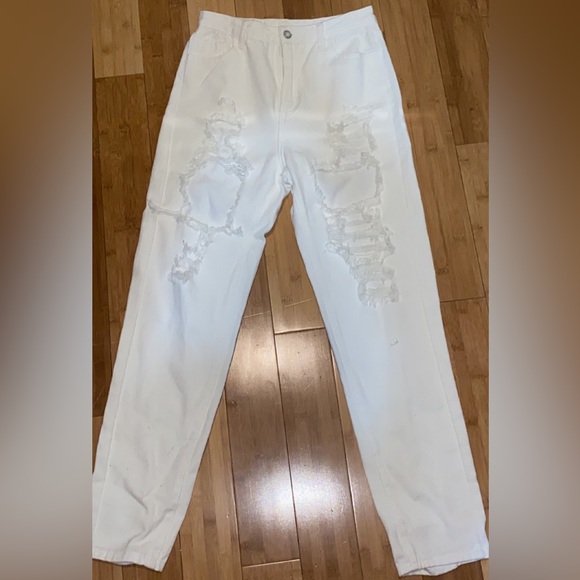 High Waisted Ripped Straight White Jeans - Picture 4 of 6